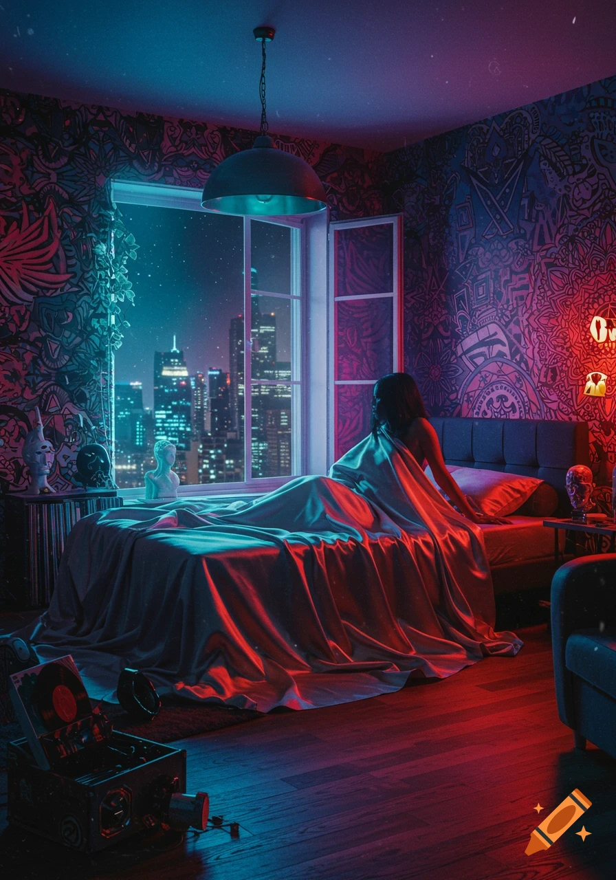 A woman in a vibrant, neon-lit bedroom looks out a window at an urban cityscape, with detailed decor and a record player.
