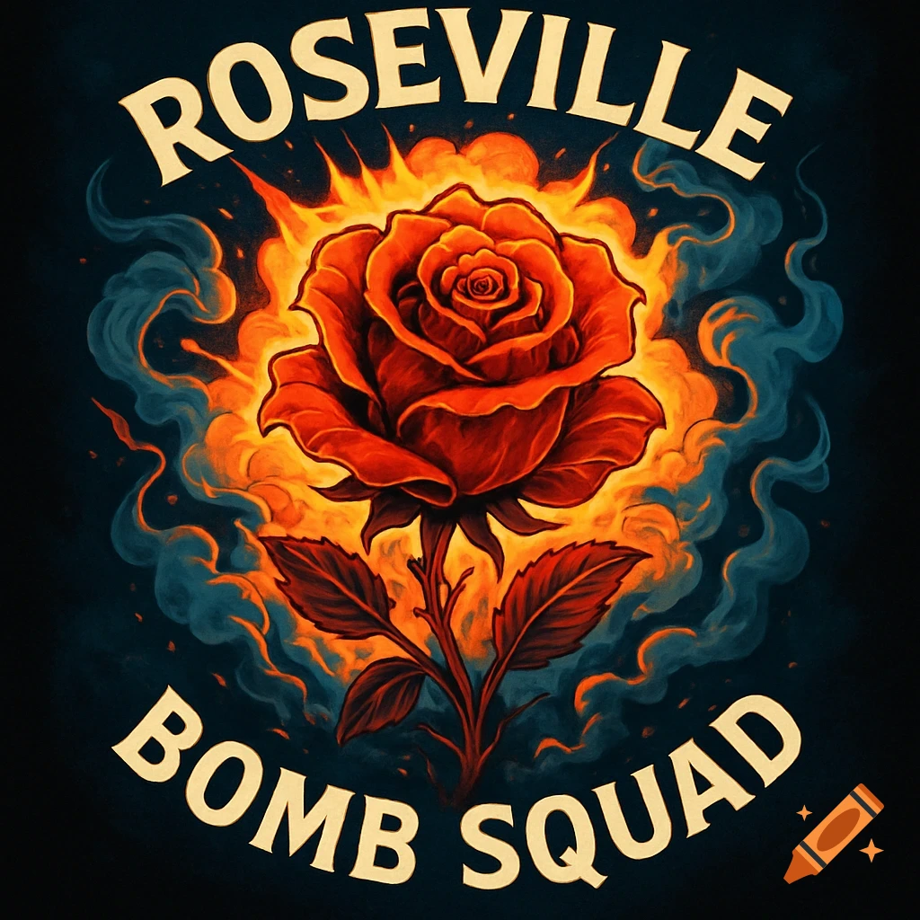 A stylized graphic design of a red rose engulfed in orange flames and blue smoke, with the words 'ROSEVILLE' above and 'BOMB SQUAD' below in a cream-colored font.