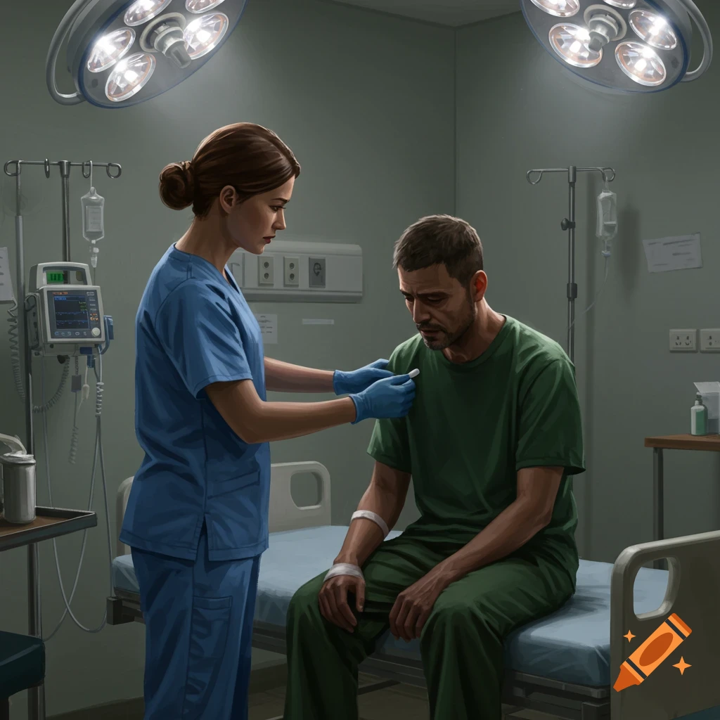 A nurse in blue scrubs attends to a somber patient in green clothing on a hospital bed under surgical lights.