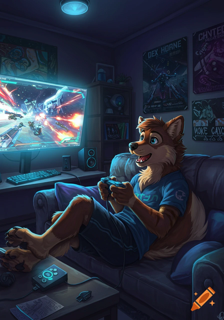 A happy dog fursona in a blue t-shirt relaxes on a couch, playing a space-themed video game on a large screen in a dimly lit room.