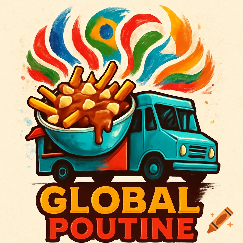 An illustrated logo of a blue food truck with poutine, colorful flag-like brushstrokes, and the text 'GLOBAL POUTINE'.