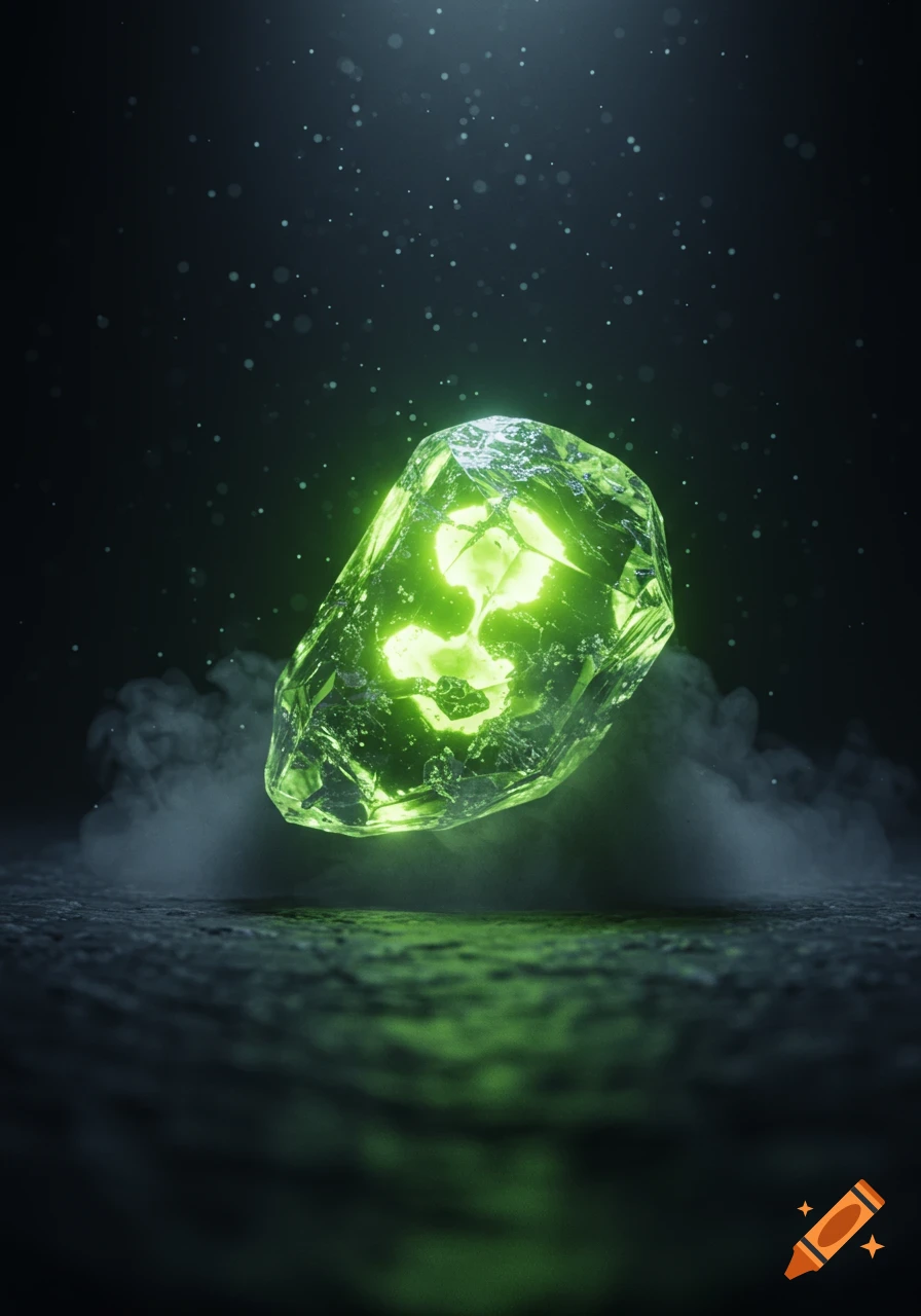 A vibrant, glowing green crystal floats above a smoky dark surface with sparkling particles.