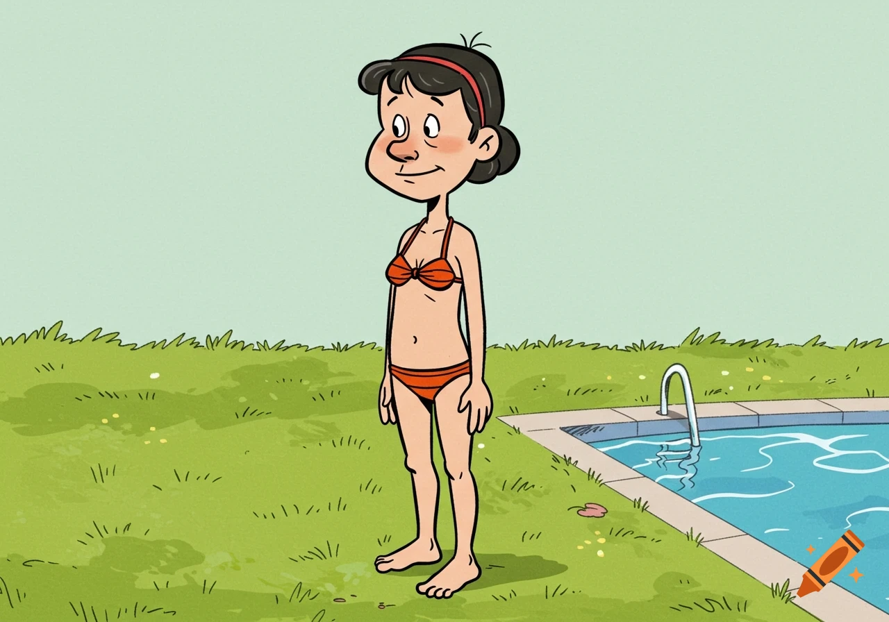 A cartoon woman resembling Calvin's mom wears an orange bikini, standing by a swimming pool in a Calvin and Hobbes comic strip art style.