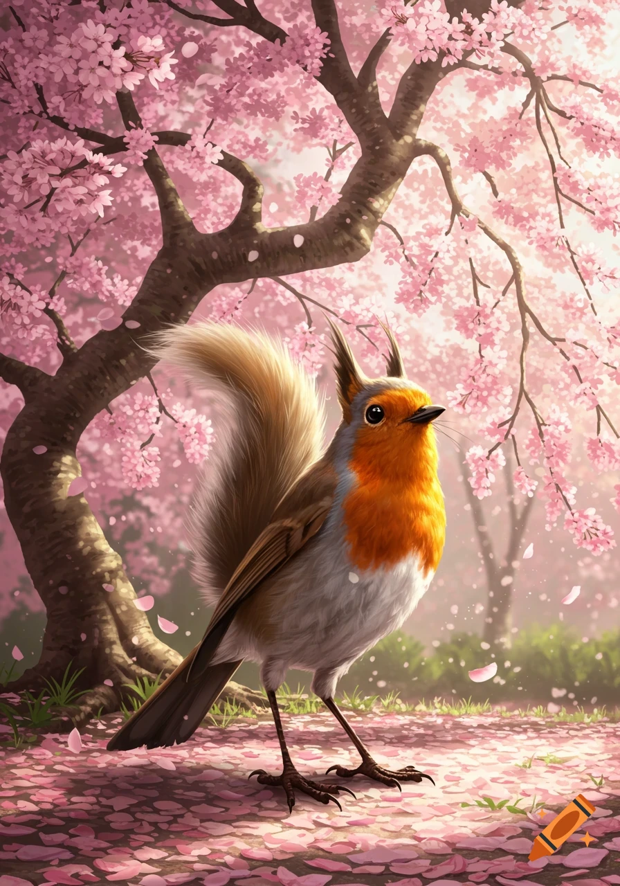 A whimsical illustration of a robin-squirrel hybrid with a fluffy tail and squirrel ears, standing on pink petals under a vibrant cherry blossom tree.
