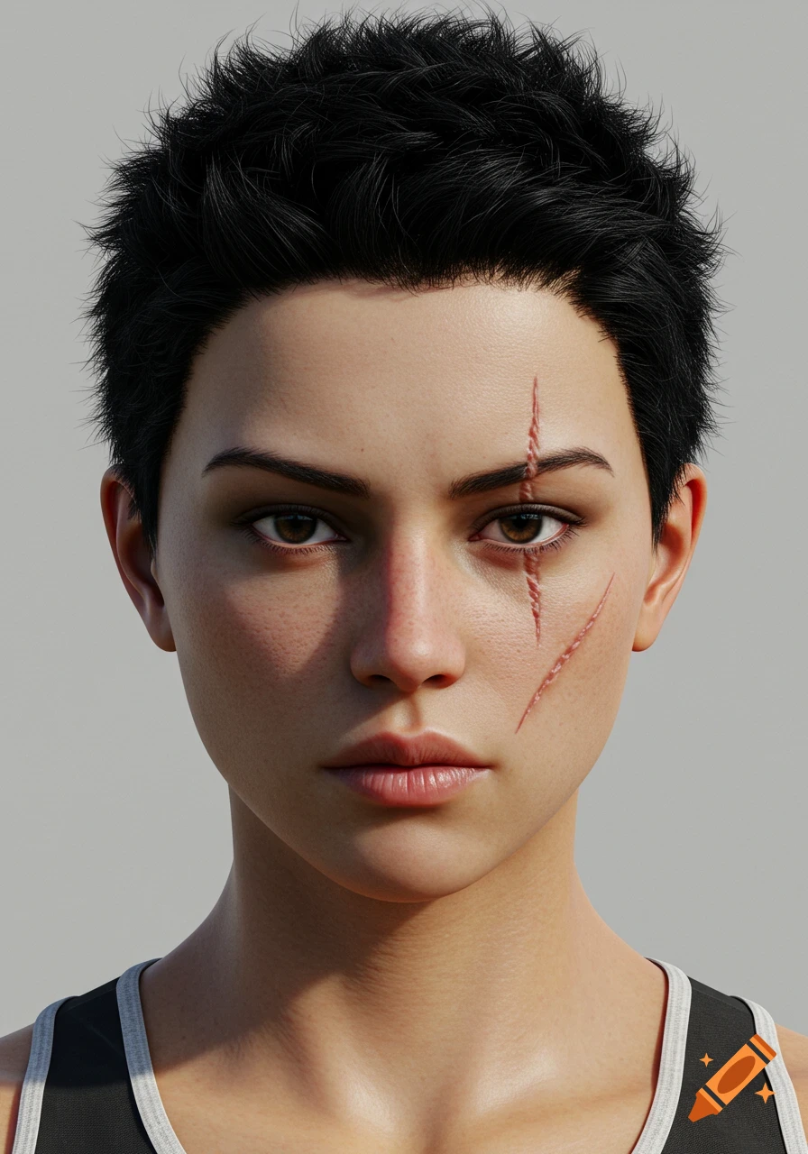 Photorealistic portrait of a serious young woman with short black hair, deep-set eyes, and visible scars on her face.