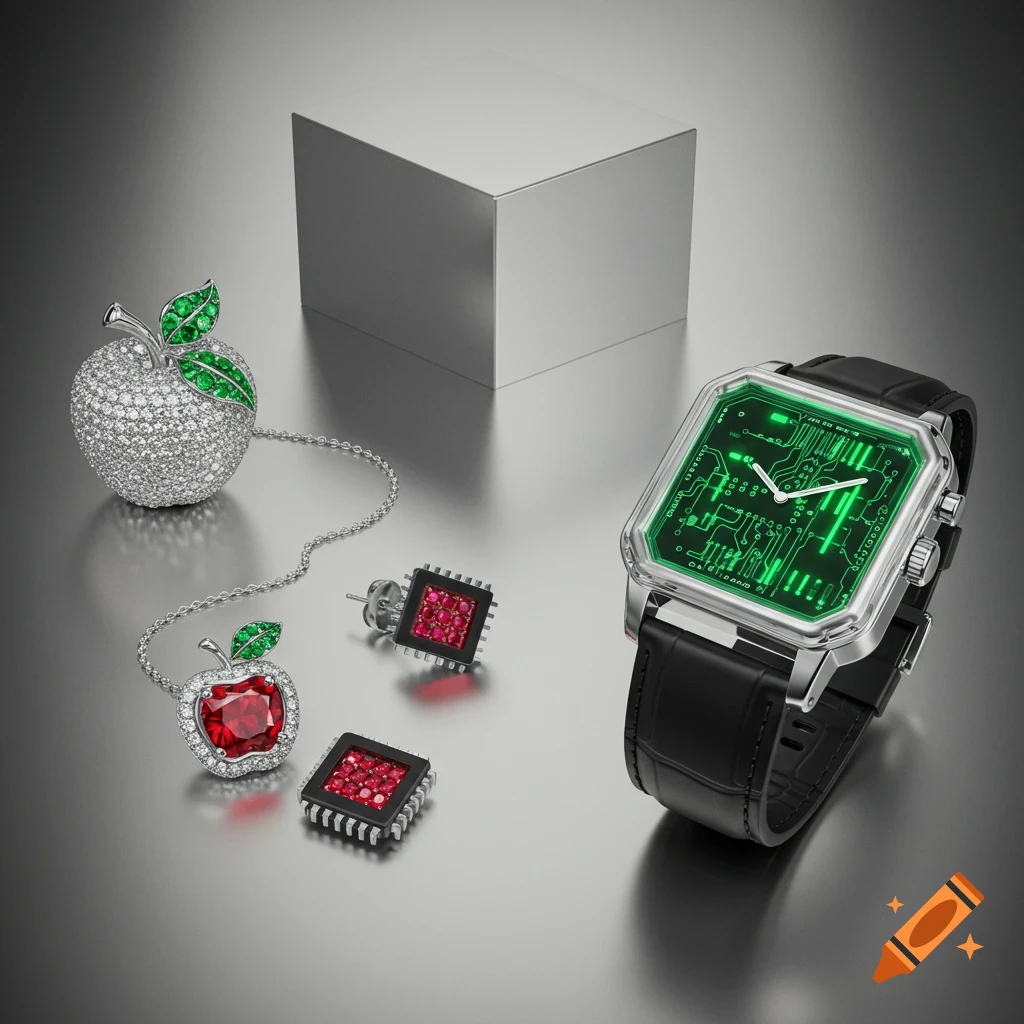 A diamond apple brooch, ruby apple pendant, and chip earrings next to a watch with a green circuit board face on a reflective surface.