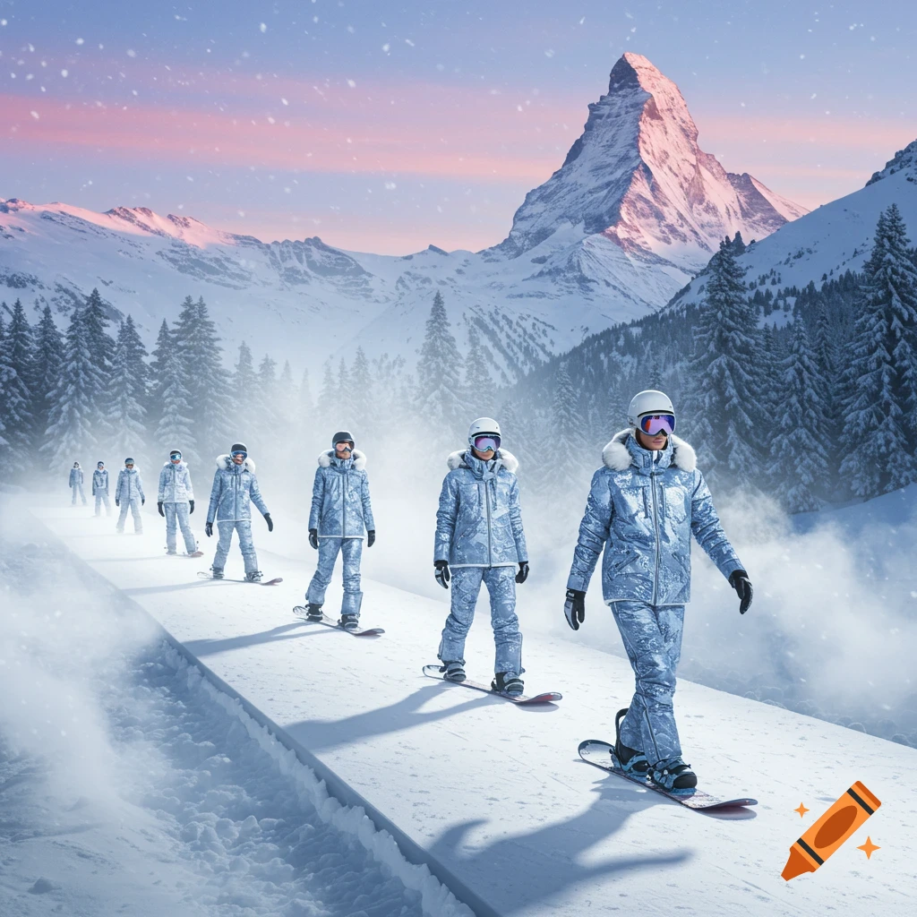 Multiple snowboarders in matching blue and white winter gear line up on a raised snow runway in a majestic, snow-covered mountain landscape with a pink sunset sky. Photorealistic.