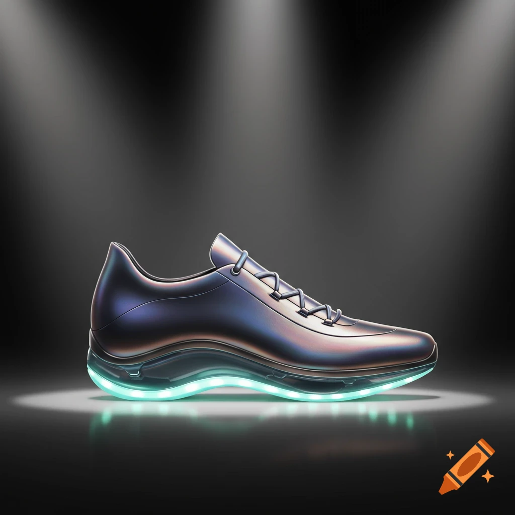 A futuristic shoe with a metallic upper and a glowing turquoise sole, illuminated by spotlights against a dark background.