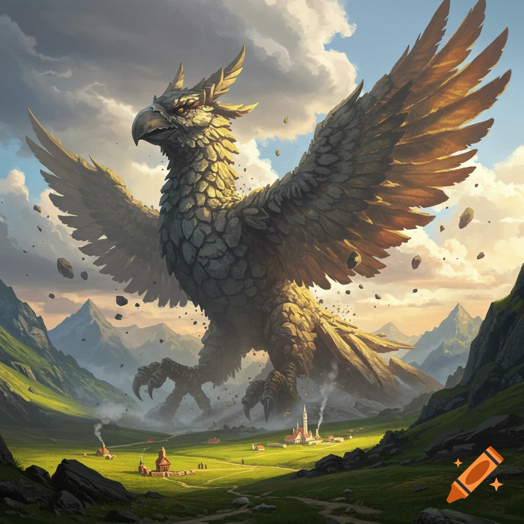 A gigantic rock-feathered Roc bird flies over a green valley with a small village, scattering debris. Epic fantasy art.