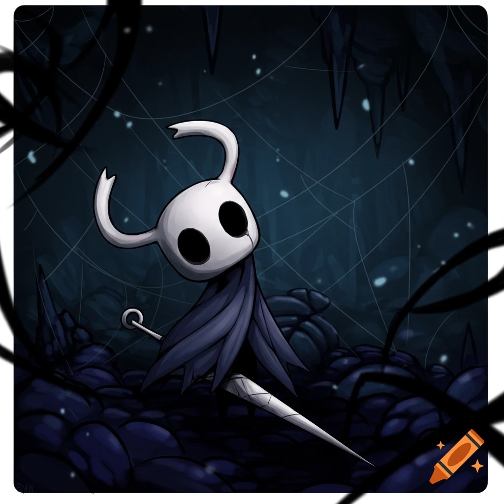 Stylized illustration of the Hollow Knight character, limp against a dark blue, web-filled background, with moody eerie lighting.
