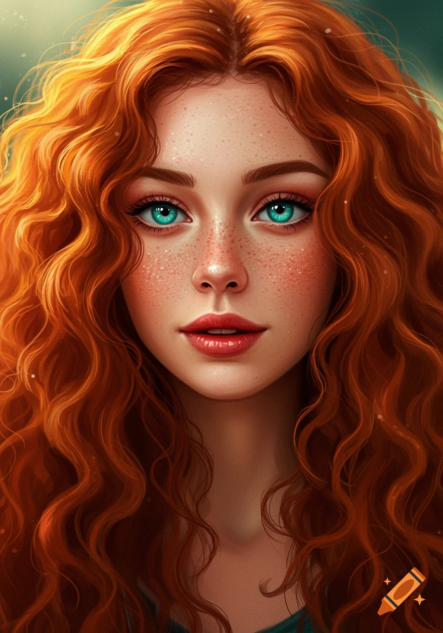 Close-up digital portrait of a young woman with vibrant red curly hair, bright turquoise eyes, and freckles.