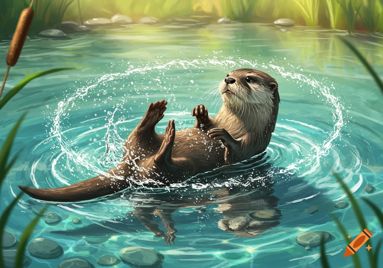 An illustrated otter floats on its back in a vibrant blue-green river, splashing water. Cattails and grass line the banks.