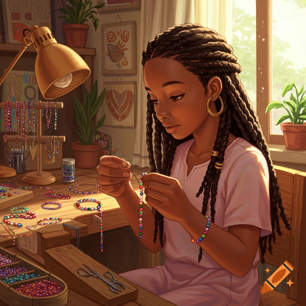 An illustration of a black girl with knotless braids making colorful beaded bracelets at a wooden desk with a lamp.