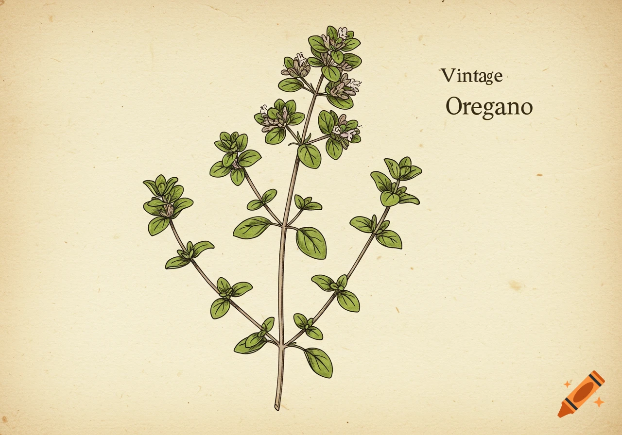 Vintage botanical illustration of an oregano plant with green leaves and small flowers on a textured beige background. Text reads 'Vintage Oregano'.