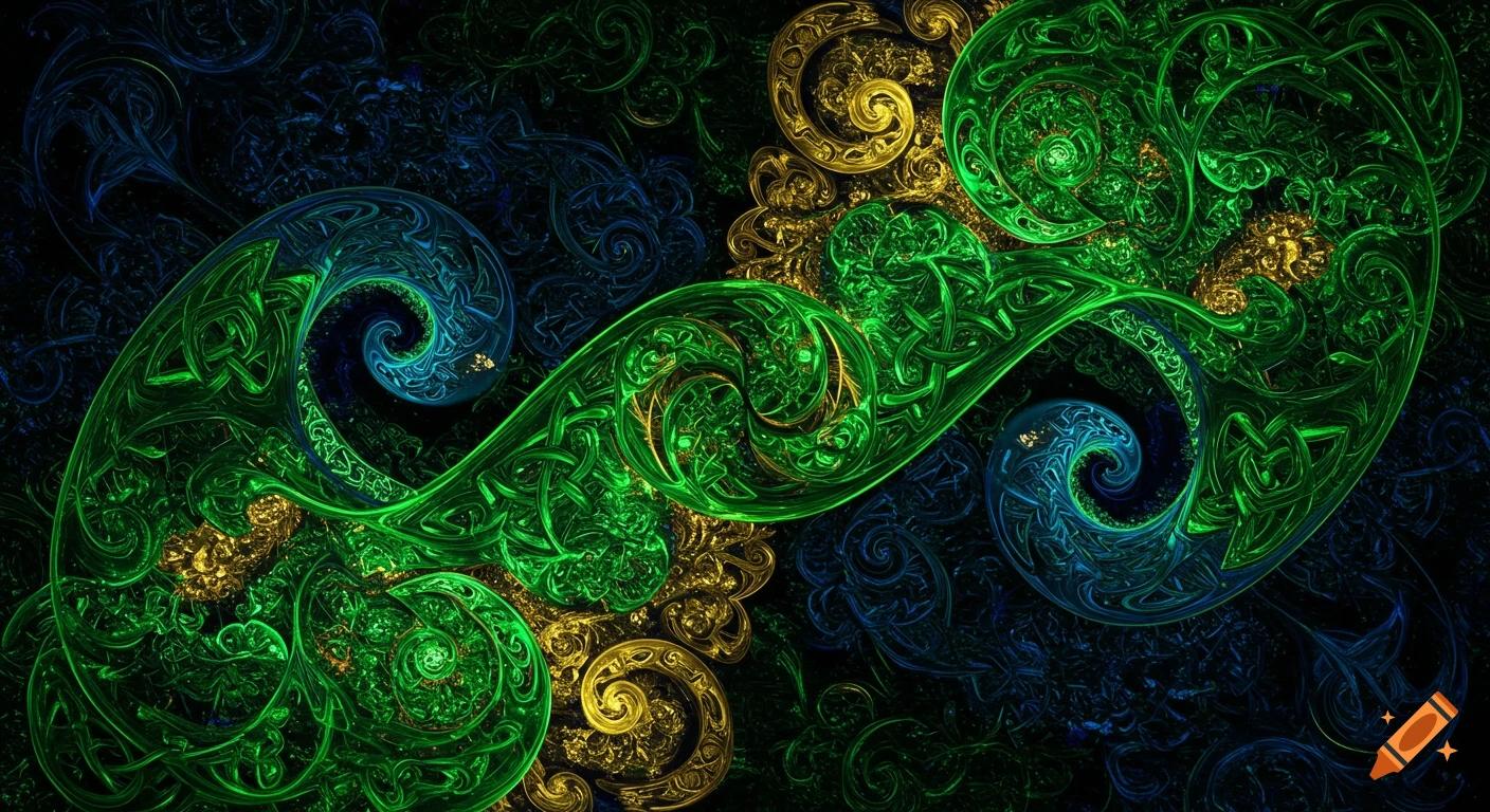 Intricate glowing green, blue, and gold abstract Celtic knot patterns against a dark background.