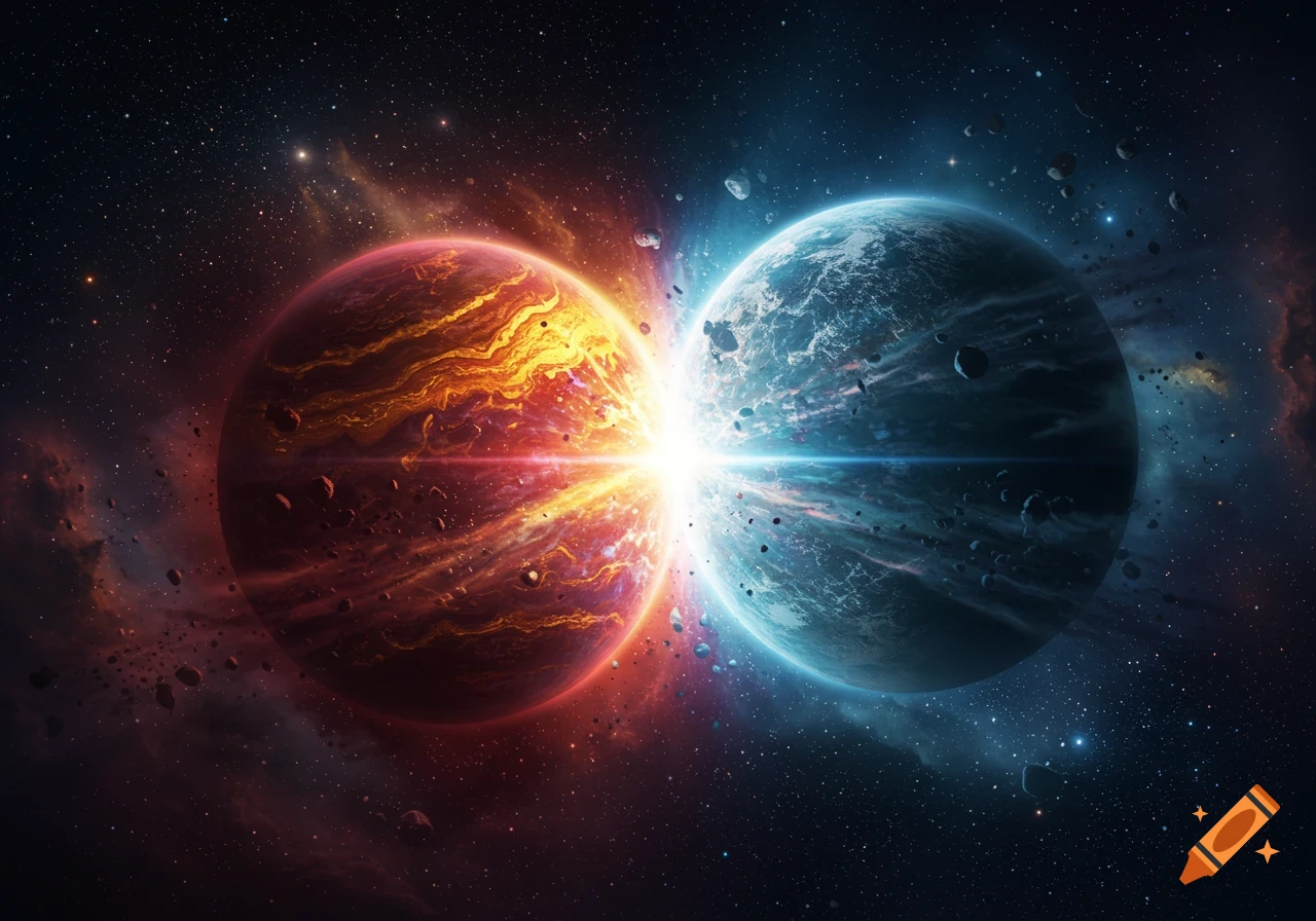 Two planets, one fiery red-orange and one icy blue, collide in a vibrant cosmic explosion amidst stars and nebulas.