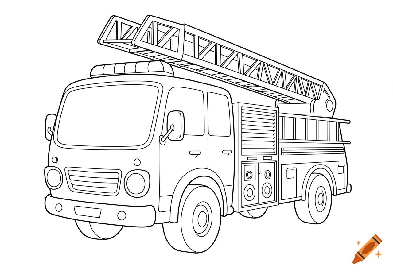 A black and white line art cartoon fire truck, suitable for a kids coloring page.