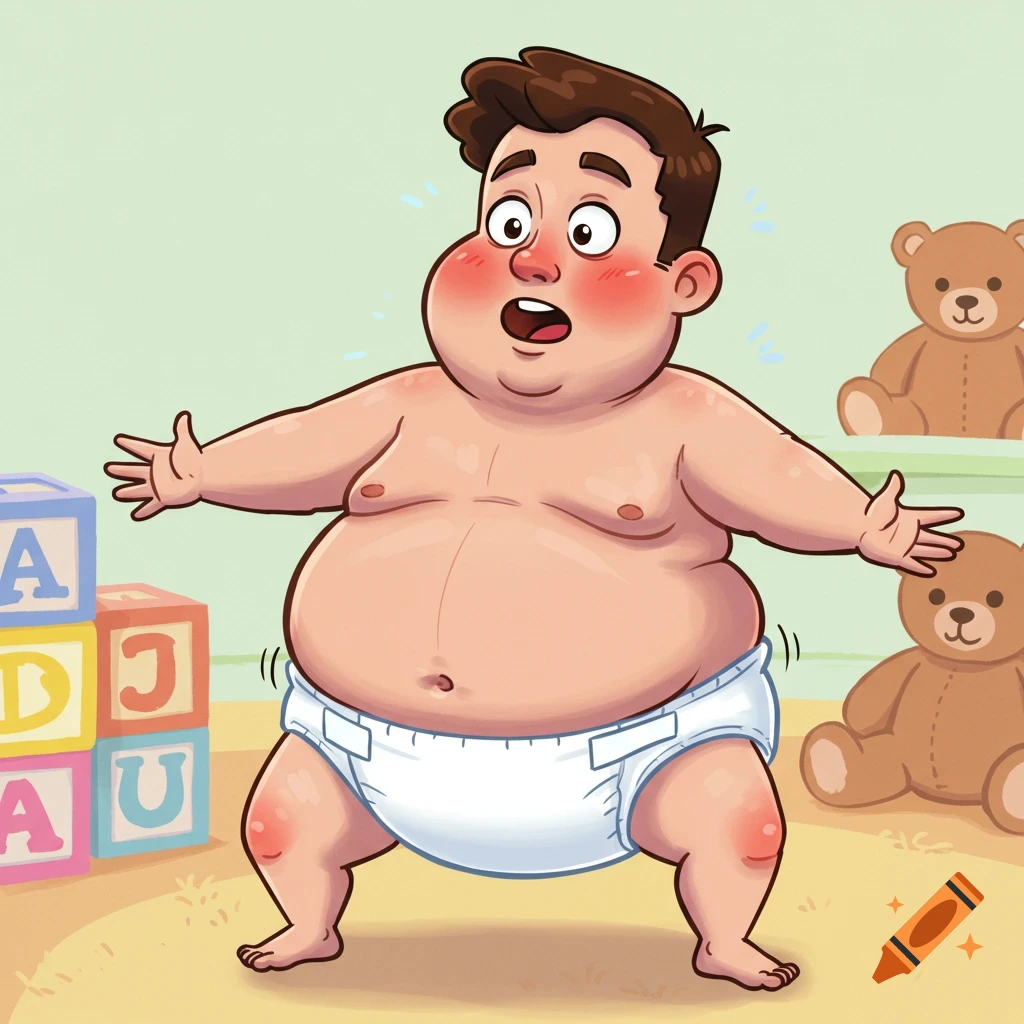 Cartoon of a surprised, overweight man in a diaper, standing amidst colorful toy blocks and teddy bears.