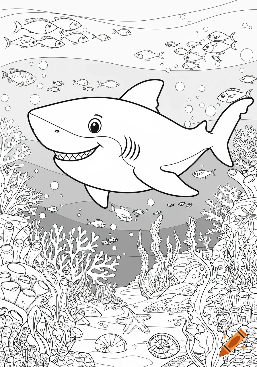Black and white coloring page of a playful cartoon shark in an ocean scene with coral, fish, and seaweed.