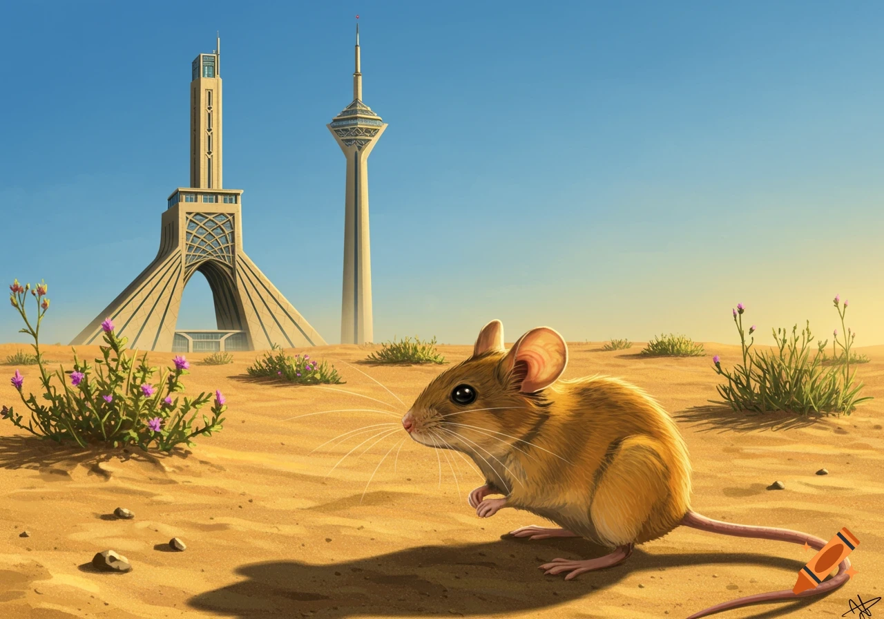 A brown desert mouse sits in a sandy foreground with sparse flowers. In the background, Azadi Tower and Milad Tower stand under a blue sky in an illustrated style.