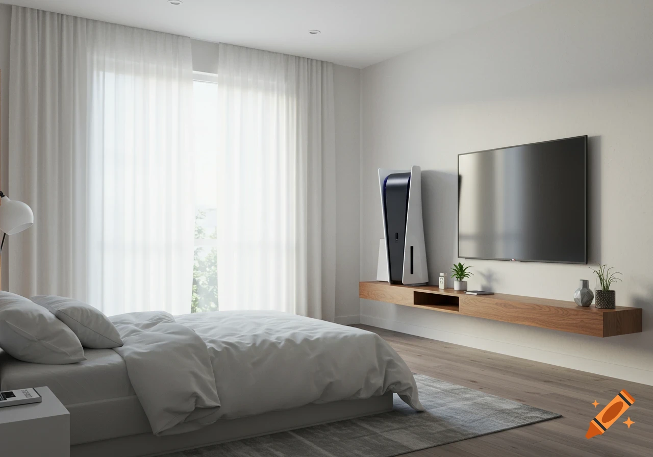 Photorealistic minimalist bedroom with a bed, large window, wall-mounted TV, floating shelf, and a PlayStation 5.
