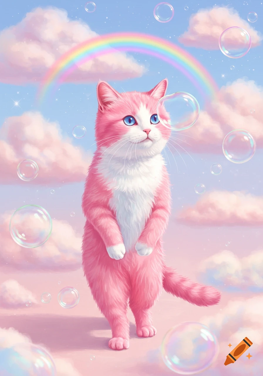 A whimsical pink and white cat stands upright, surrounded by floating bubbles and a pastel rainbow in a cloudy blue sky.