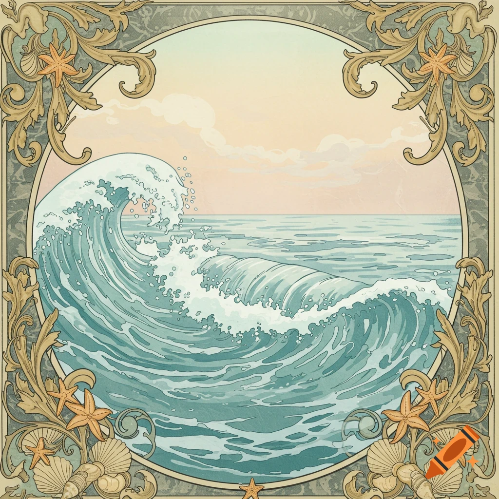 Art Nouveau illustration of a large ocean wave with decorative swirling borders, seashells, and starfish.