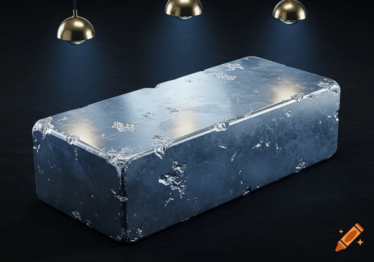 Photorealistic rendering of a large, textured silver ingot under golden spotlights.