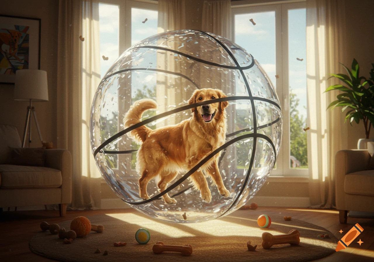 A happy golden retriever stands inside a large transparent basketball in a sunny living room with dog toys on the rug.