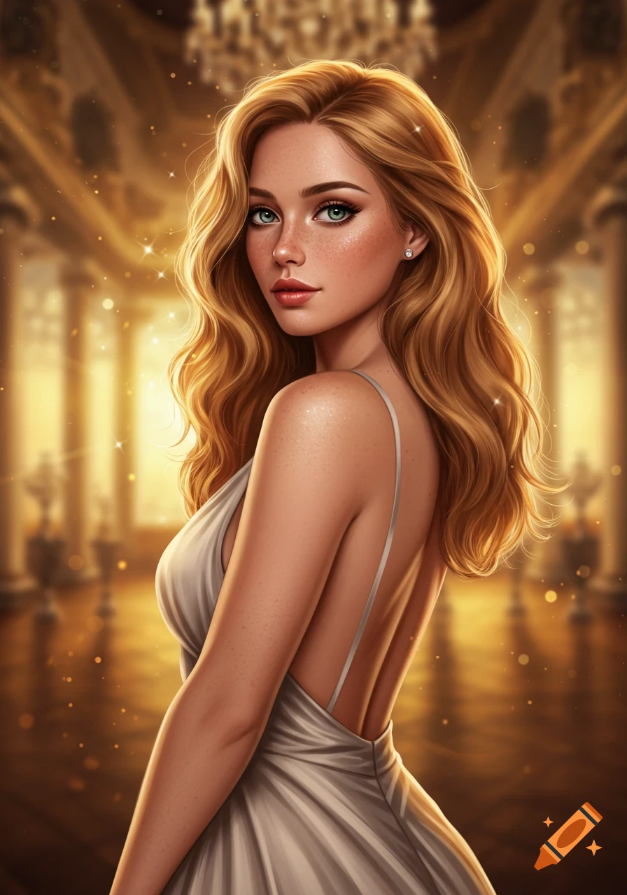 A beautiful woman with long wavy blonde hair, green eyes, and freckles, wearing a shimmering backless gown in a golden, sparkling ballroom.