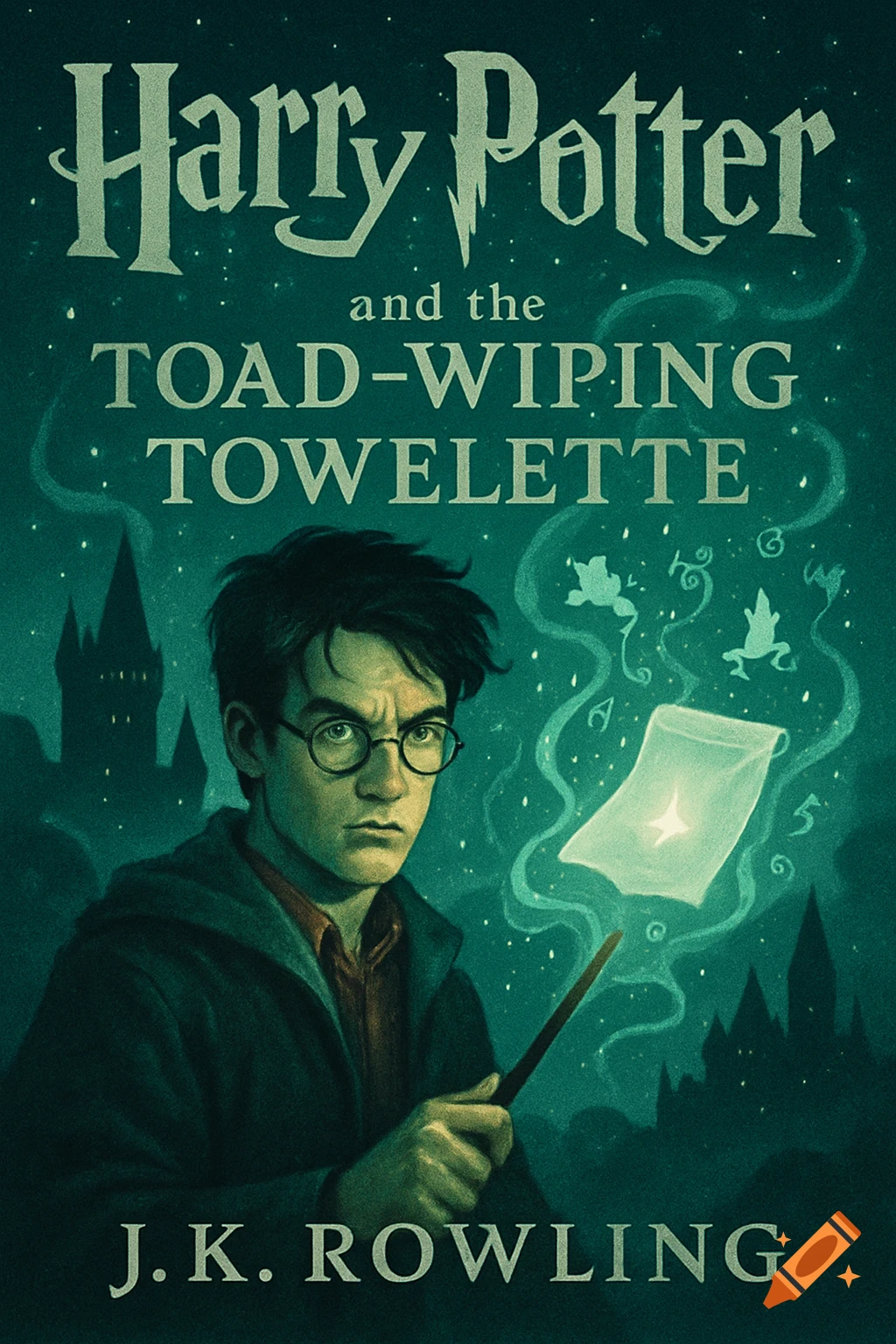 Book cover for "Harry Potter and the Toad-Wiping Towelette" showing a worried Harry Potter holding a wand and a glowing magical towelette.
