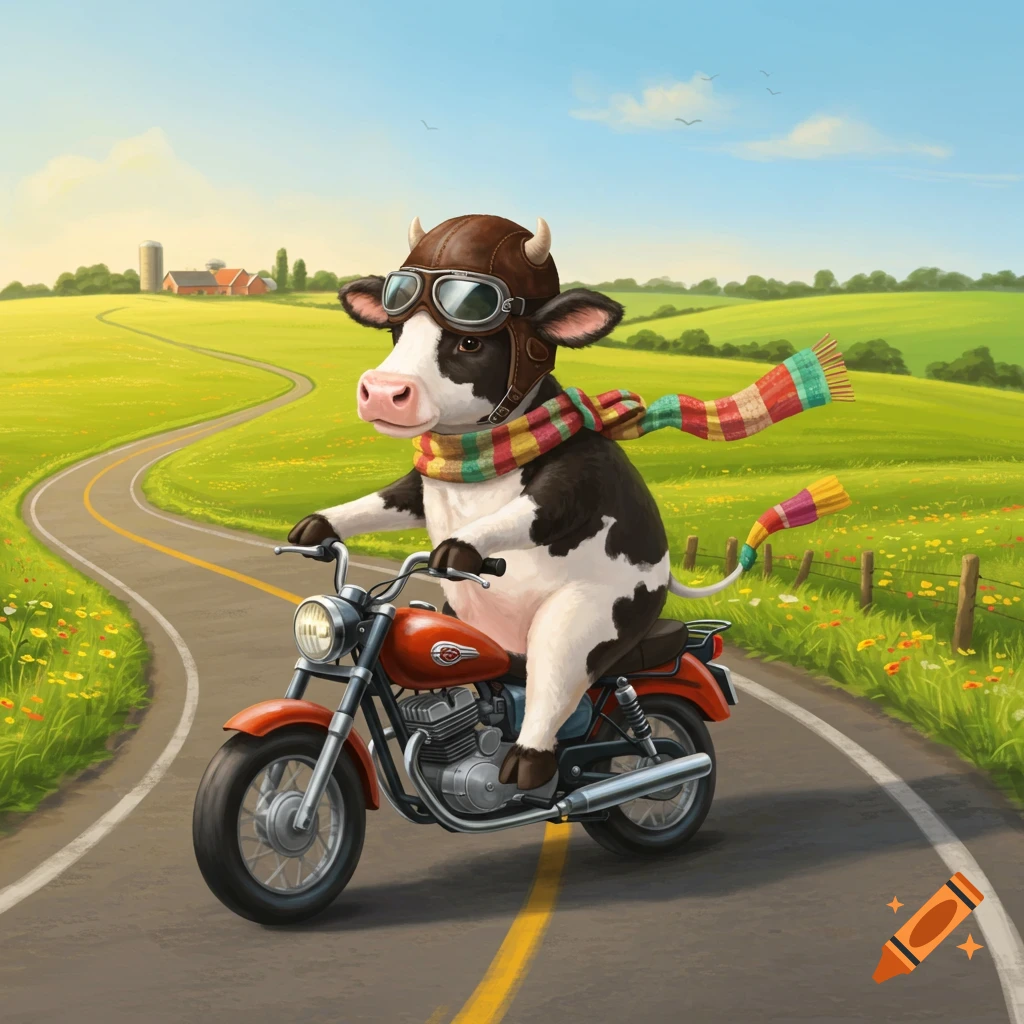 A cartoon cow wearing a pilot's helmet and goggles, and a colorful striped scarf, rides a red motorcycle down a winding road through green fields on a sunny day.