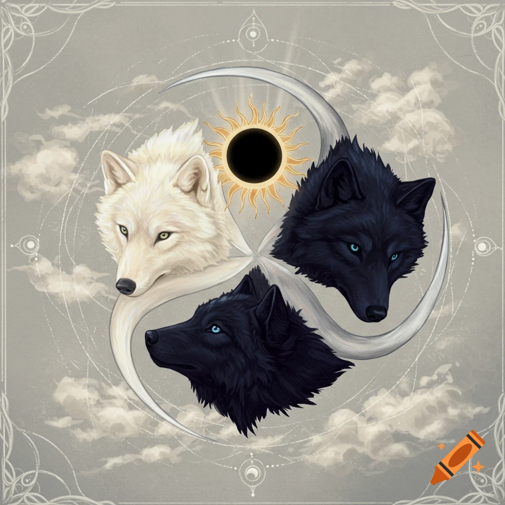 A stylized Triskelion featuring a white wolf head and two black wolf heads intertwined with crescent moons, with a solar eclipse in the center, against a grey sky with clouds.
