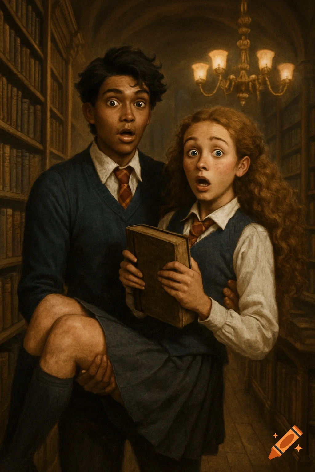 A stylized illustration of a boy in a school uniform carrying a girl in a school uniform, both with wide-eyed shocked expressions, in a library.