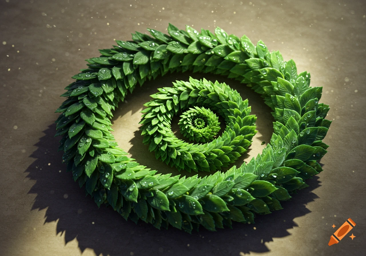 Photorealistic image of a vibrant green Fibonacci spiral made of small leaves with water droplets on a brown textured surface.