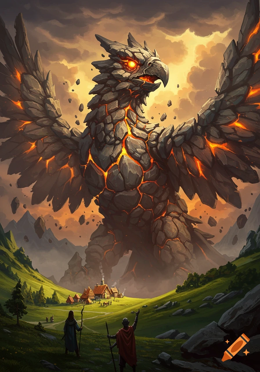 A colossal rock bird-like monster with glowing lava cracks looms over a small village nestled in a green valley, watched by two figures.