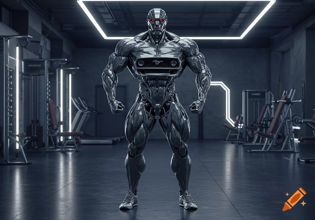 A muscular, chrome-plated robot with red eyes and a Mustang emblem on its chest stands in a futuristic gym.