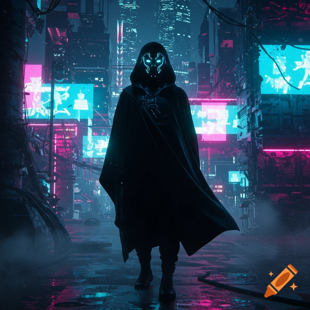Dark hooded figure with a glowing blue mask stands in a rainy, neon-lit cyberpunk city at night.