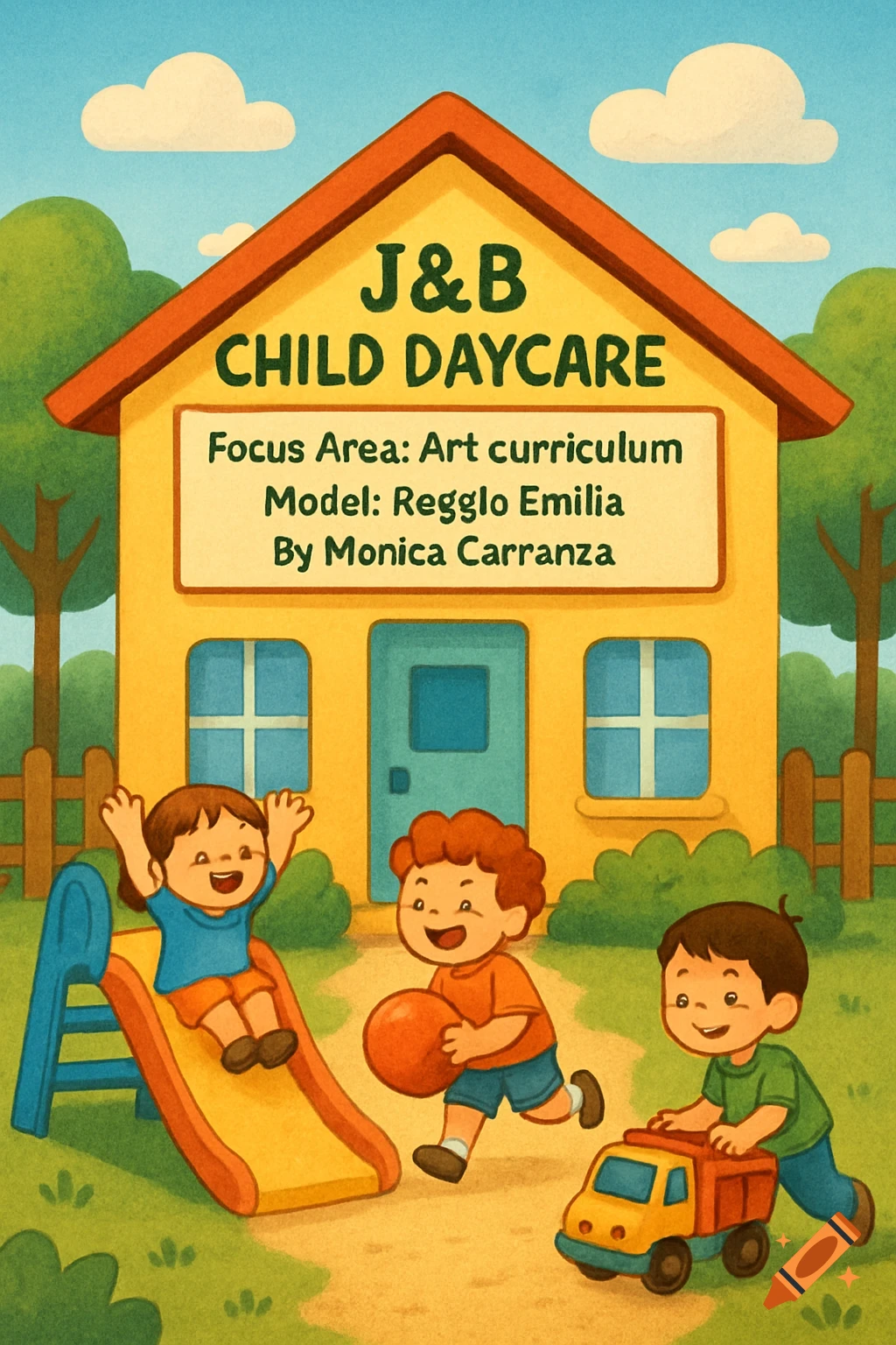 Cheerful cartoon illustration of J&B Child Daycare with children playing on a slide, with a ball, and a toy truck outside the yellow building.