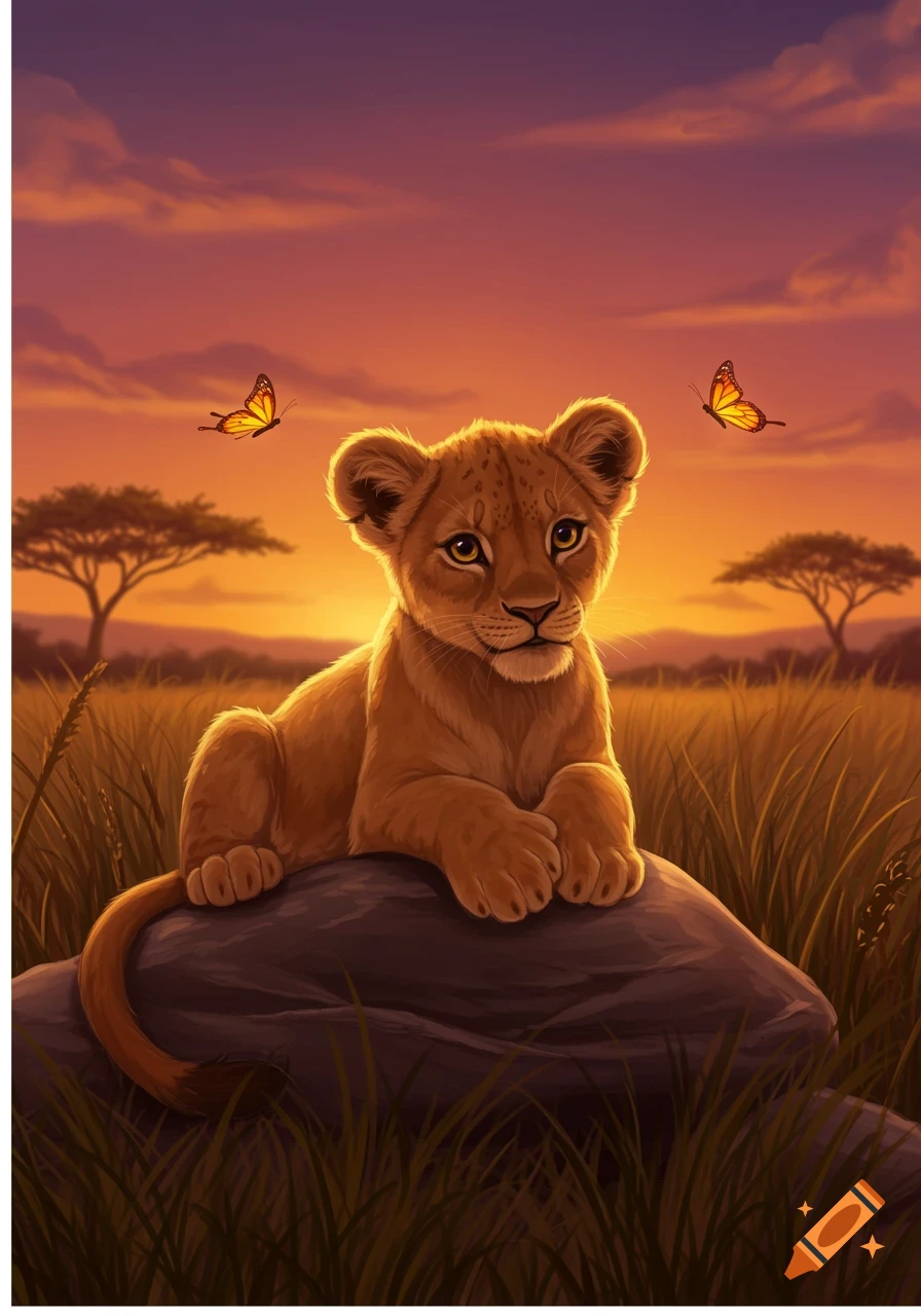 A cute cartoon lion cub sits on a rock in a golden savannah sunset, with two butterflies fluttering nearby.