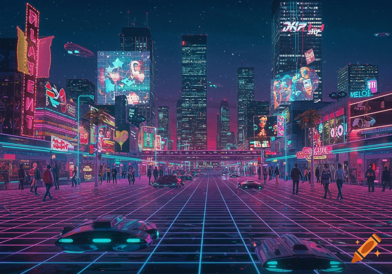 A vibrant retro-futuristic cityscape at night, with towering skyscrapers, neon gridlines, flying vehicles, and pedestrians on a street bathed in pink and blue light.