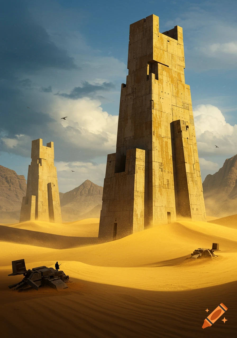 Tall, brutalist-style towers in a desert landscape with rolling sand dunes, a lone figure, and wreckage under a cloudy sky.