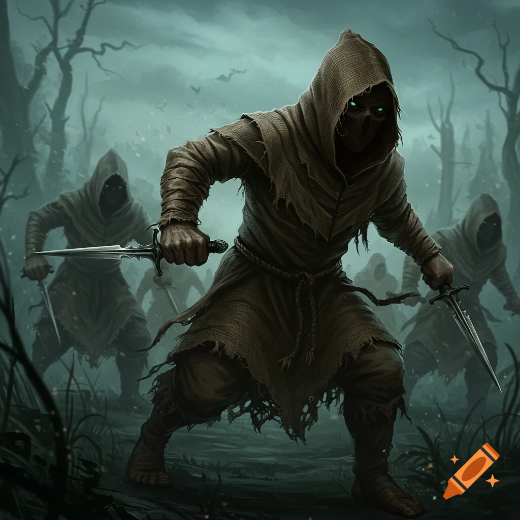 A group of menacing hooded figures in tattered robes, holding daggers, emerge from a dark, misty forest in a fantasy illustration.