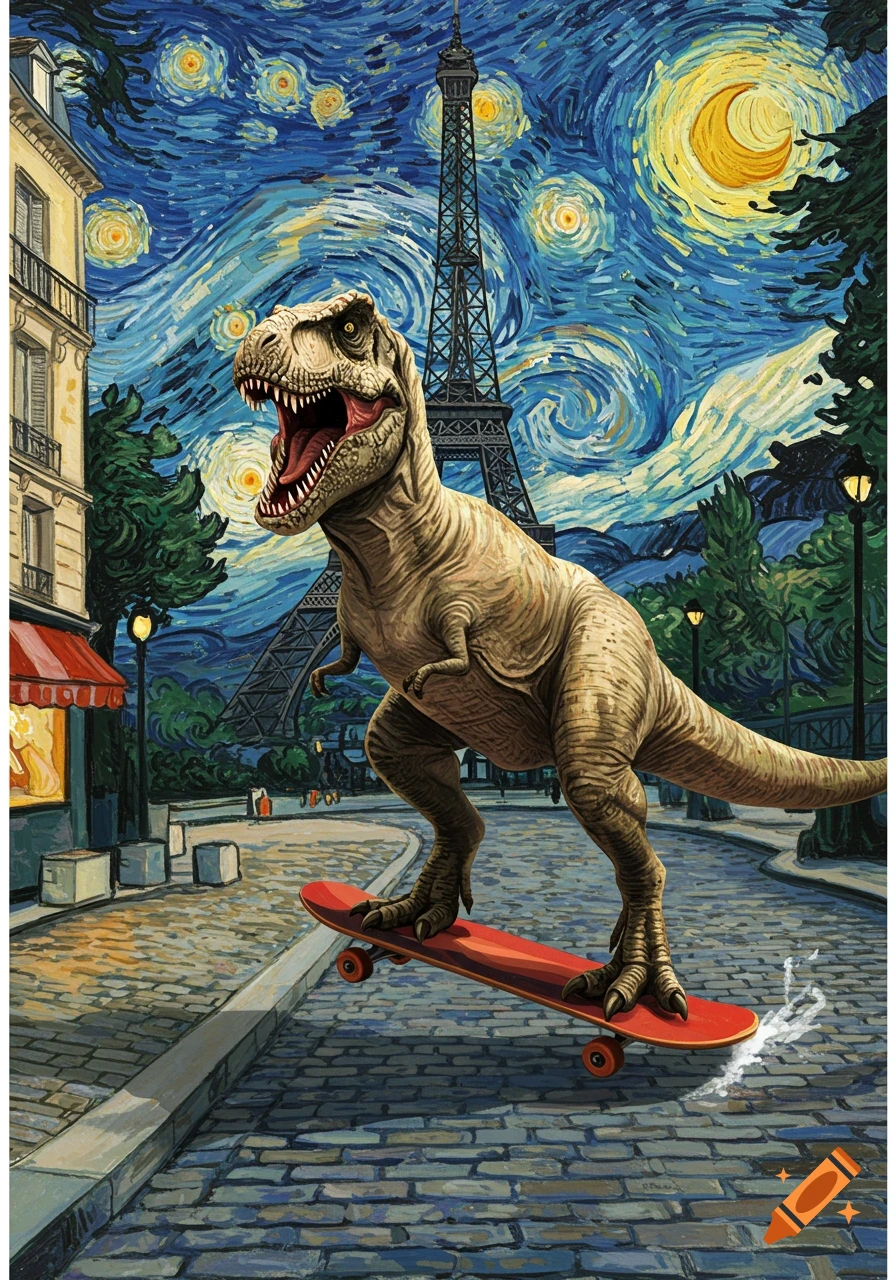 A T-Rex rides a skateboard on a Parisian street with the Eiffel Tower in the background, depicted in Van Gogh's Starry Night style.