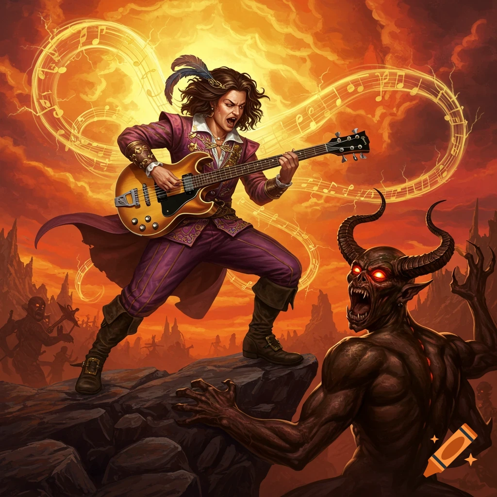 A bard with a feathered hat plays an electric guitar, sending musical notes swirling, confronting a horned demon in a fiery, hellish landscape.