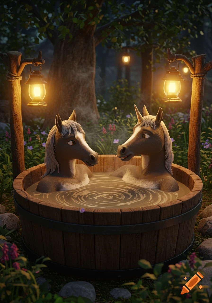 Two animated horse-like creatures, one with a horn, relax in a steaming wooden mud hot tub in a lantern-lit forest at night.