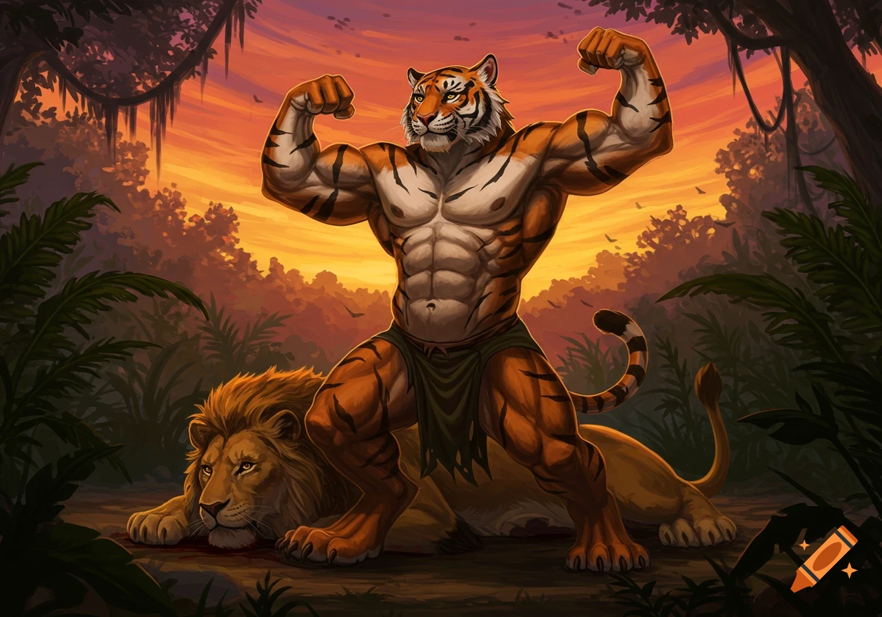 Muscular anthropomorphic tiger flexing triumphantly over a defeated lion in a lush jungle at sunset, cartoon illustration.