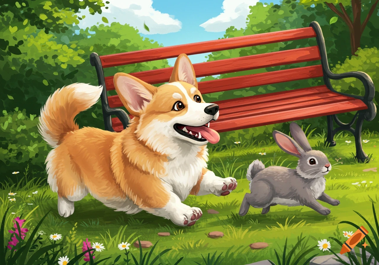 A cheerful cartoon corgi chases a fluffy grey bunny across a green park with a red bench and trees.