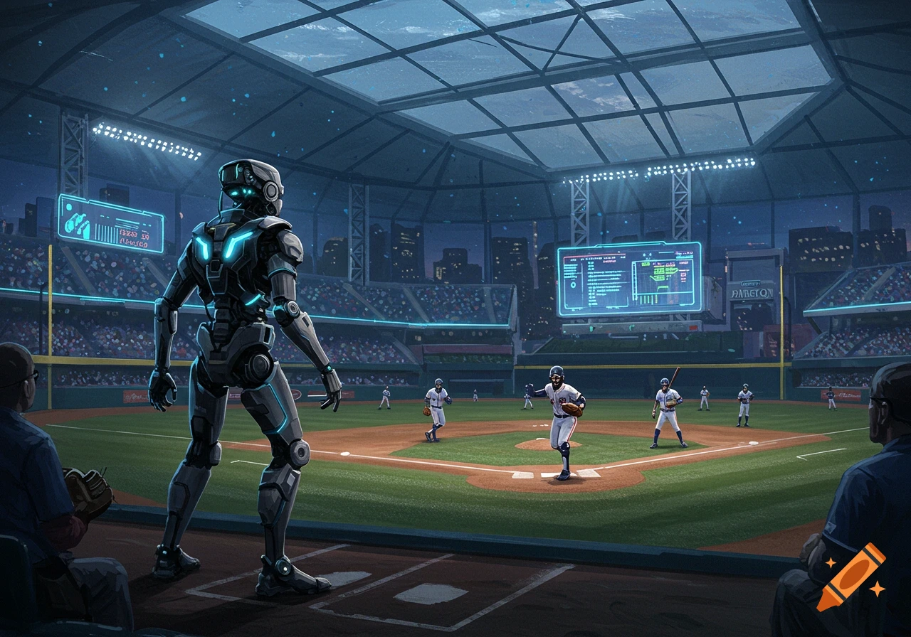 A large robot umpire stands on a baseball field during a game with human players, set in a futuristic stadium with glowing scoreboards.
