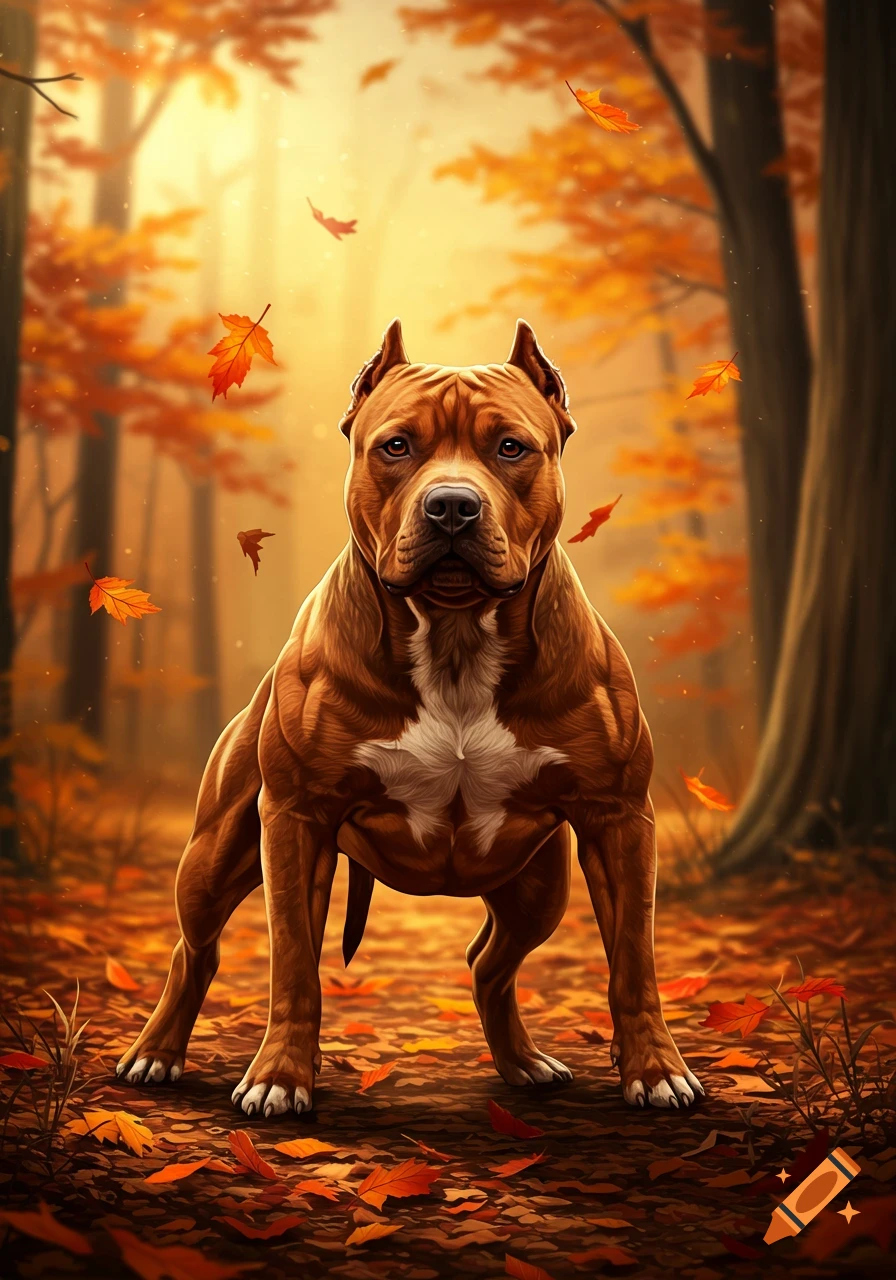 A muscular brown pitbull dog stands in an autumn forest with orange leaves falling around it. Realistic digital painting.